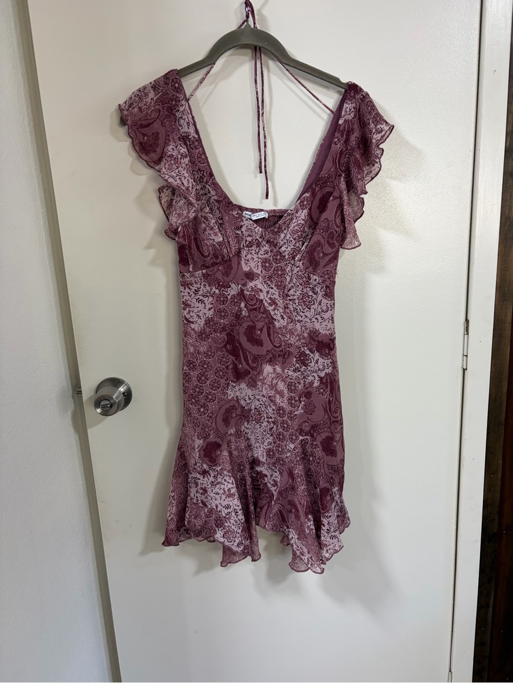 Bershka Mauve Paisley Ruffle Mini Dress